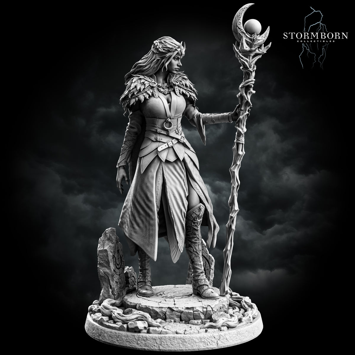 Maelin, Druid of the Moon, three-quarter view of the feathered mantle, layered robe and standing stones, resin display miniature by Stormborn Collectibles