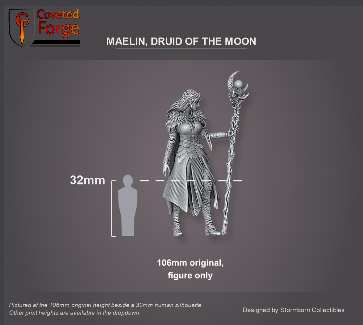 Coveted Forge scale reference: Maelin, Druid of the Moon, the figure alone at the 106mm original height beside a 32mm human silhouette; other print heights in the dropdown
