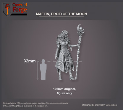 Coveted Forge scale reference: Maelin, Druid of the Moon, the figure alone at the 106mm original height beside a 32mm human silhouette; other print heights in the dropdown