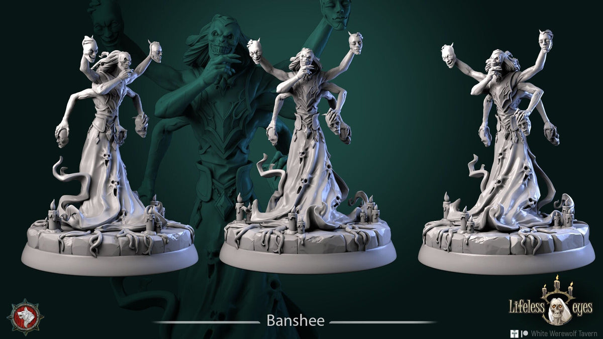 Male Banshee, three views of the six-armed undead spirit in a long skull-marked robe on a candle-lit scenic base, grey resin renders by White Werewolf Tavern.