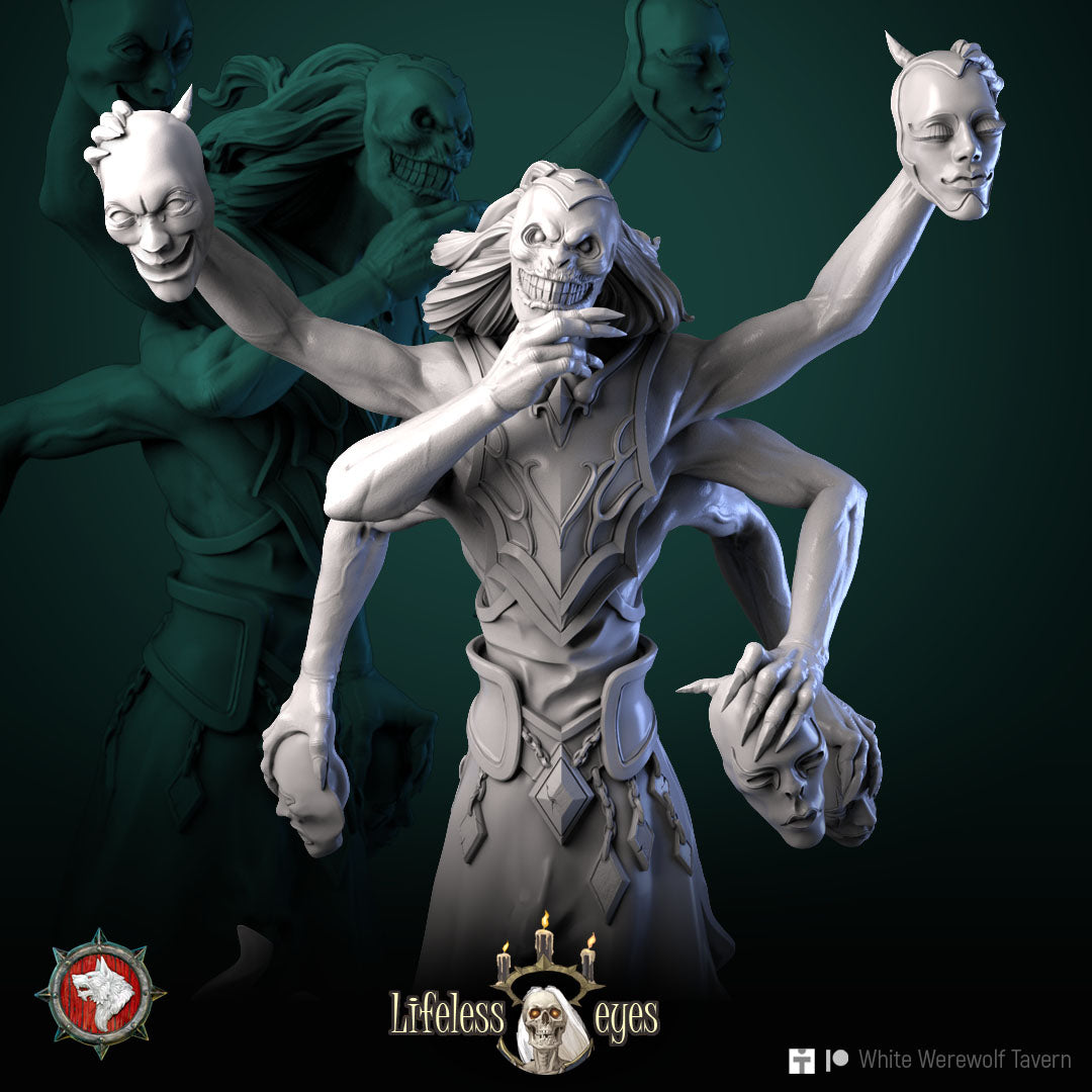 Male Banshee close-up: skull-like grinning face, long hair, ridged collar and horned masks in the raised hands.