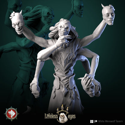 Male Banshee close-up: skull-like grinning face, long hair, ridged collar and horned masks in the raised hands.