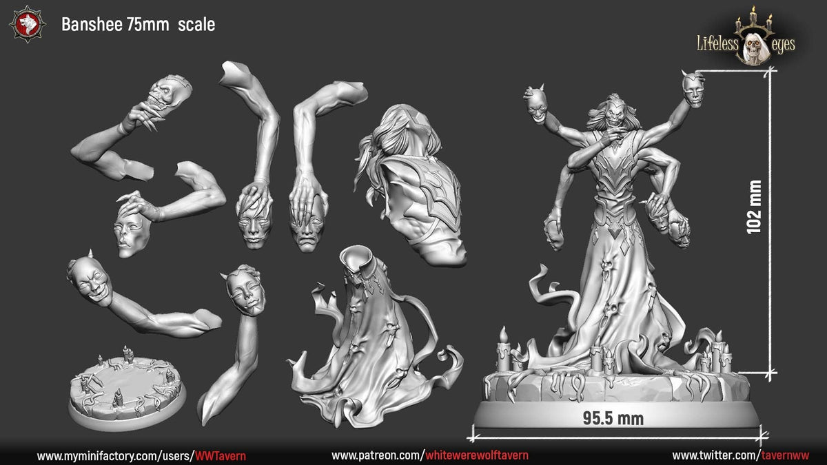 Male Banshee 75mm parts: body, robe, six arms and scenic base; 102 mm tall on a 95.5 mm base.