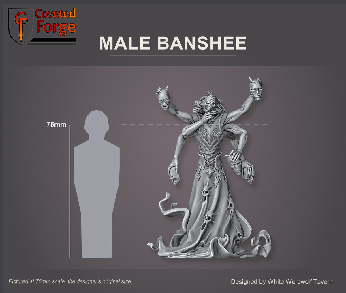 Coveted Forge scale reference: Male Banshee at 75mm, the designer's original and only size, about 102 mm tall beside a 75mm human silhouette, front view, shown assembled with the head, all six arms and hands; the scenic base is printed separately and not shown, as in the Plain Base option.