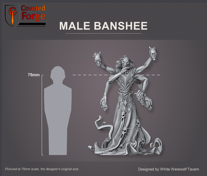 Coveted Forge scale reference: Male Banshee at 75mm, the designer's original and only size, about 102 mm tall beside a 75mm human silhouette, front view, shown assembled with the head, all six arms and hands; the scenic base is printed separately and not shown, as in the Plain Base option.