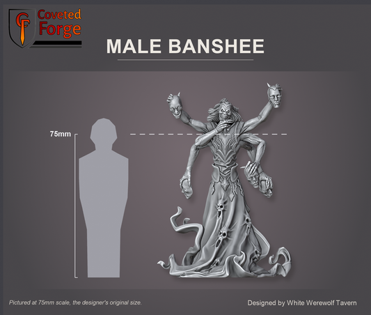 Coveted Forge scale reference: Male Banshee at 75mm, the designer's original and only size, about 102 mm tall beside a 75mm human silhouette, front view, shown assembled with the head, all six arms and hands; the scenic base is printed separately and not shown, as in the Plain Base option.