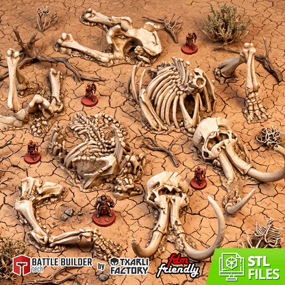 Txarli Factory giant mammoth skeleton scatter terrain: skulls with tusks, ribcages and leg bones on a wasteland table with 28mm figures.