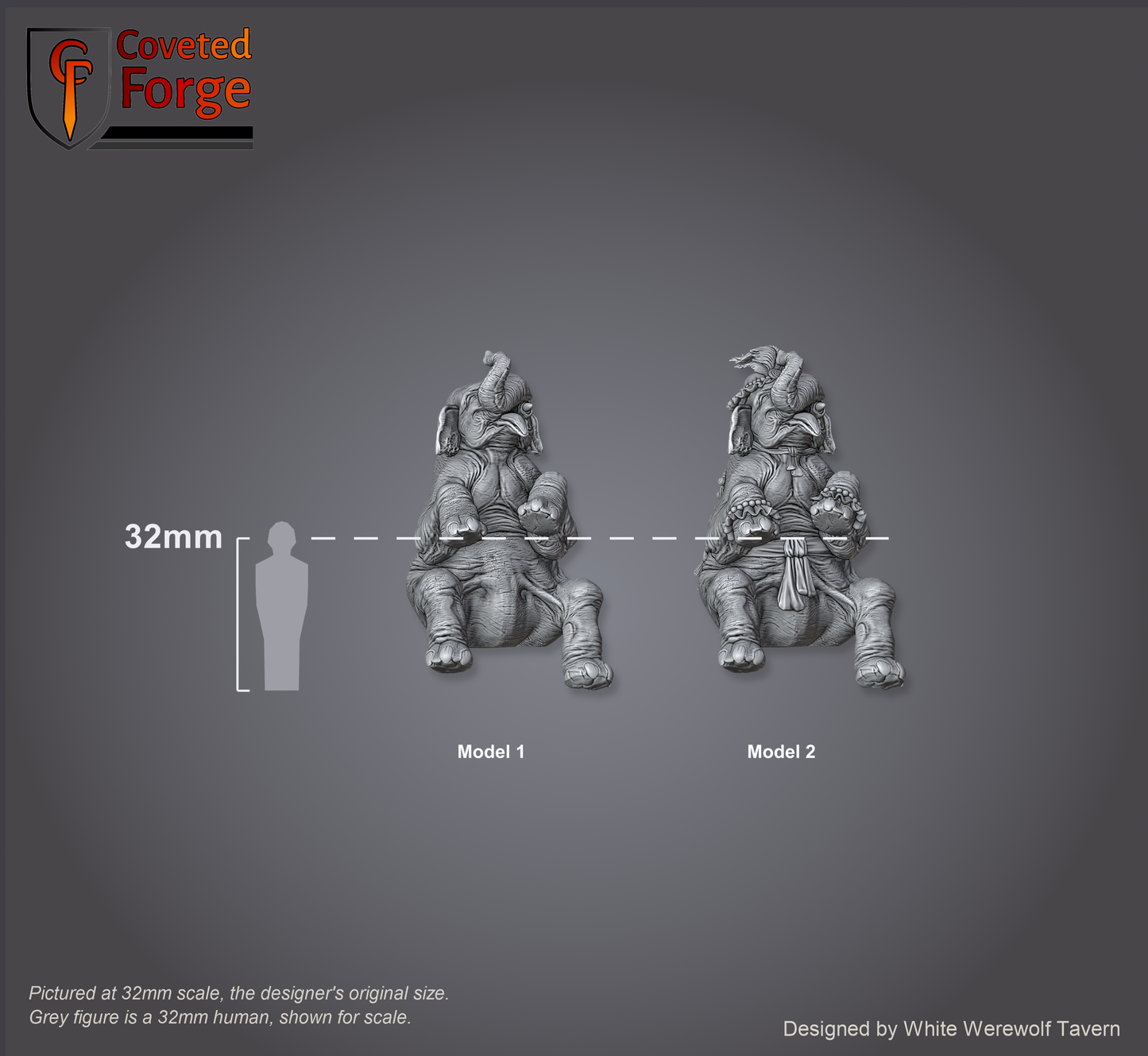 Scale reference: both Marvelous Mammoth models at 32mm scale beside a 32mm human silhouette