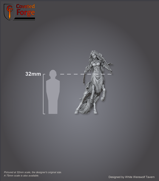 Scale reference: Mara Swifthoof at 32mm scale beside a 32mm human silhouette