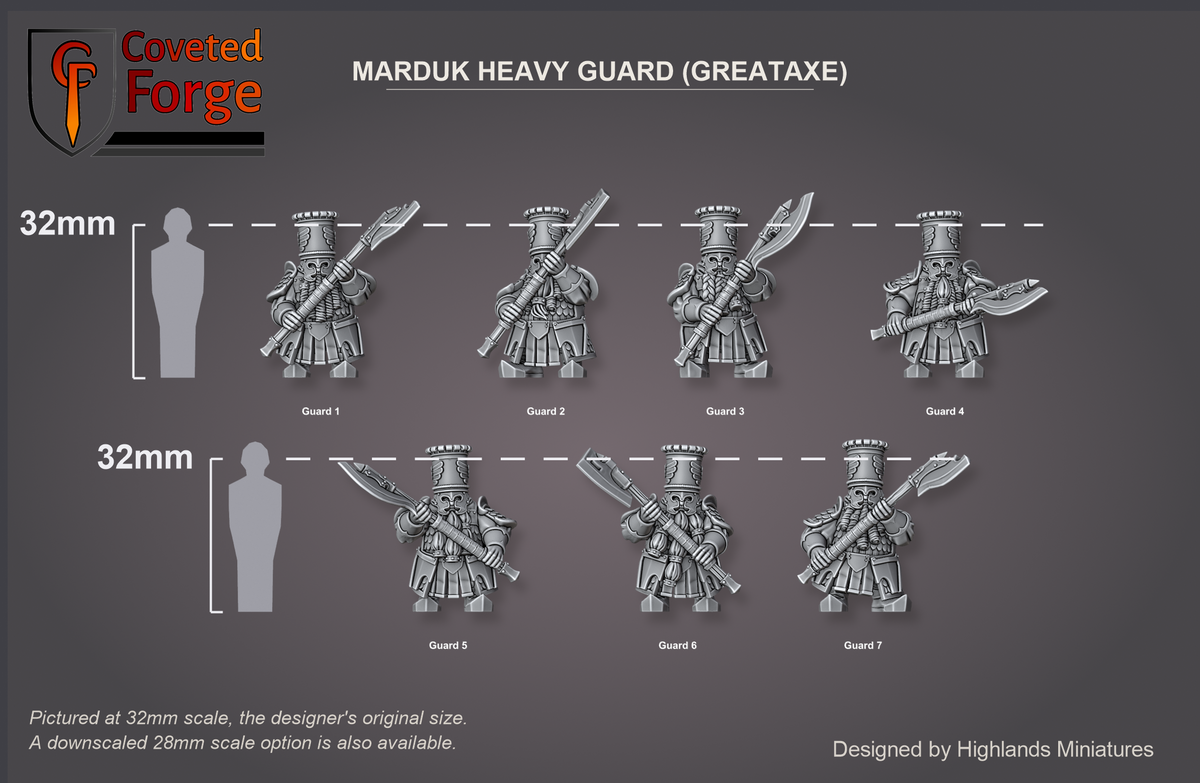 Render of Marduk Heavy Guard Greataxe: scale lineup of all seven sculpts at 32mm beside a 32mm human silhouette, labeled Guard 1 to Guard 7.