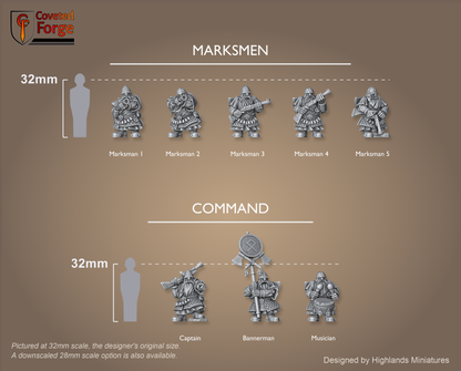 Dwarf Marksmen scale lineup, all poses with a 32mm human and bracket for scale