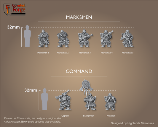 Dwarf Marksmen scale lineup, all poses with a 32mm human and bracket for scale