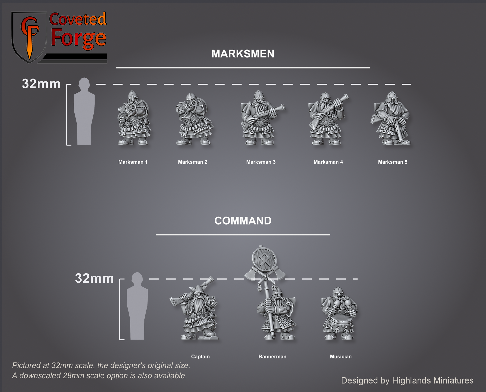 Dwarf Marksmen scale lineup, all poses with a 32mm human and bracket for scale