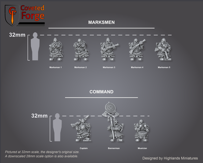Dwarf Marksmen scale lineup, all poses with a 32mm human and bracket for scale