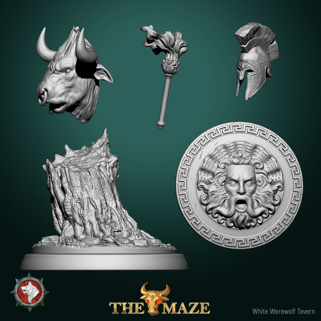 Five labyrinth scatter props, bull trophy head, torch, hoplite helm, gorgon shield and tree stump