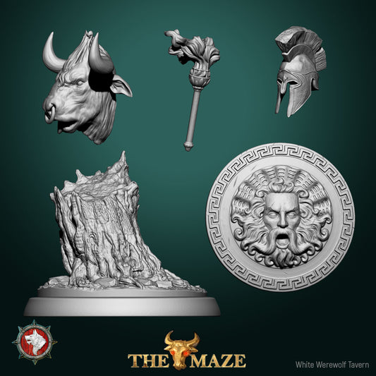 Five labyrinth scatter props, bull trophy head, torch, hoplite helm, gorgon shield and tree stump