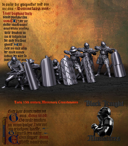 Early 15th Century Mercenary Crossbowmen, the six crossbowmen ranked behind their pavises, front left view, resin miniatures by Black Knight Miniatures