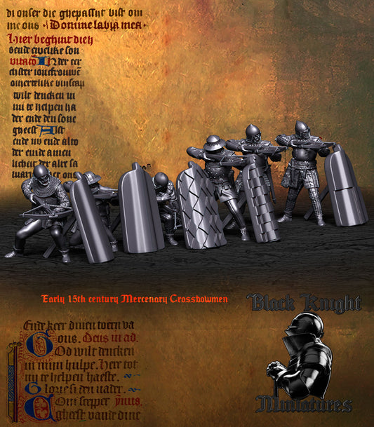 Early 15th Century Mercenary Crossbowmen, the six crossbowmen ranked behind their pavises, front left view, resin miniatures by Black Knight Miniatures