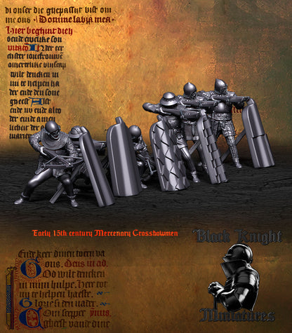 Early 15th Century Mercenary Crossbowmen unit behind the pavises, three-quarter view, Black Knight Miniatures render