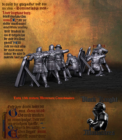 Early 15th Century Mercenary Crossbowmen, rear view showing the pavise props, sword belts and the backs of the jacks, Black Knight Miniatures render