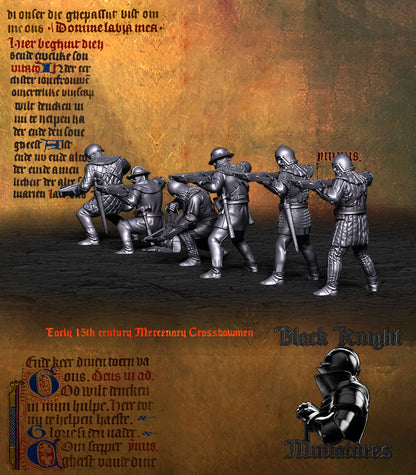 Early 15th Century Mercenary Crossbowmen without pavises, rear three-quarter view with the crossbows levelled, Black Knight Miniatures render