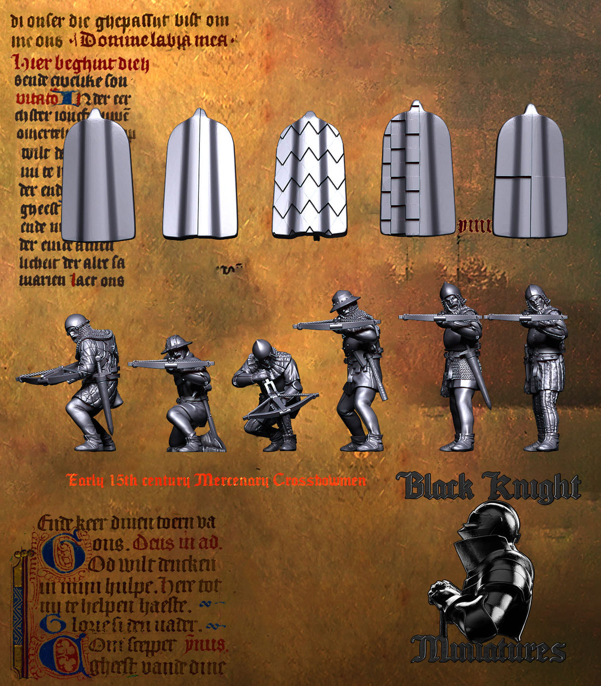 Early 15th Century Mercenary Crossbowmen, the five pavise designs above the six crossbowmen in side view, Black Knight Miniatures render