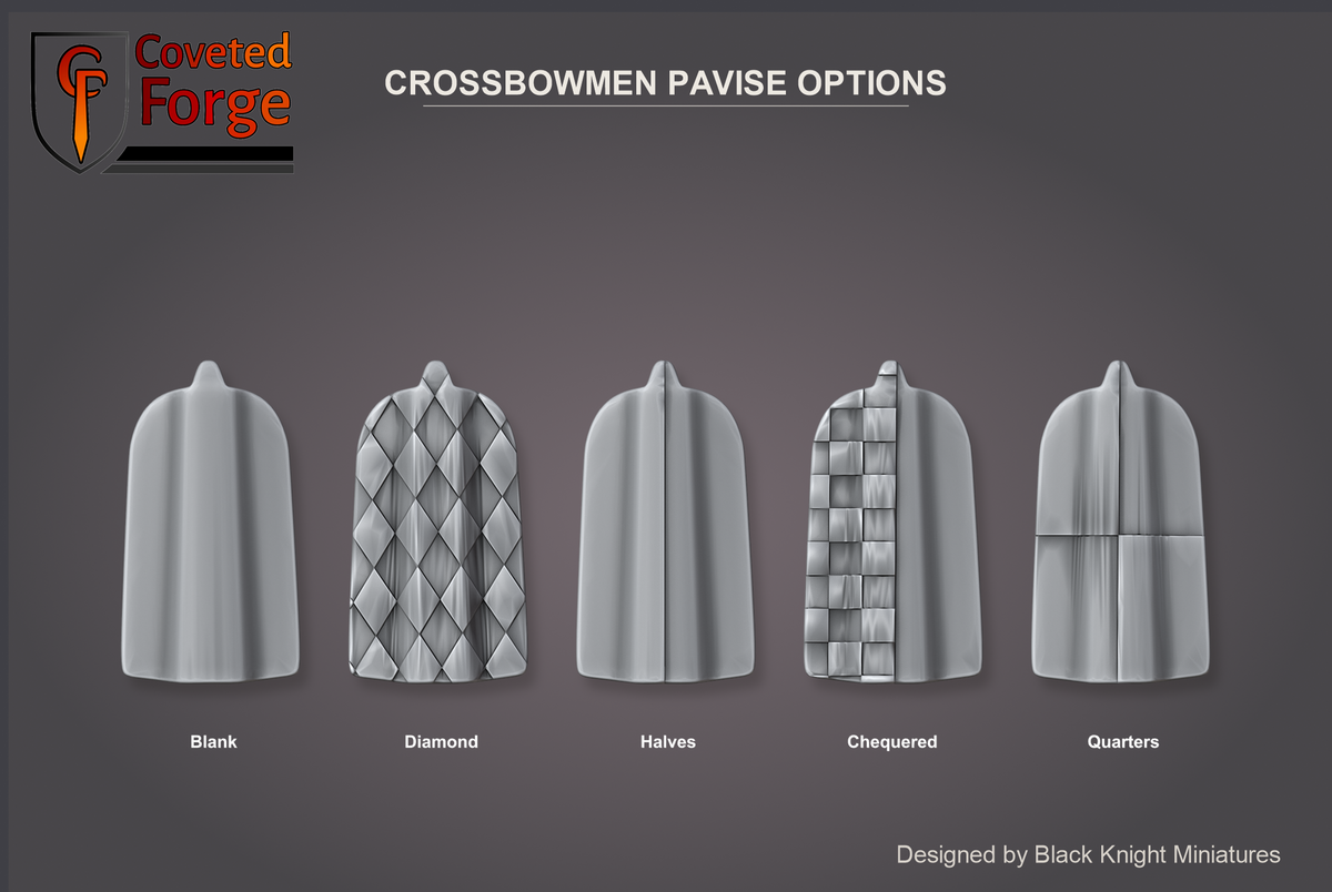 Early 15th Century Mercenary Crossbowmen pavise options: Blank, Diamond, Halves, Chequered and Quarters, the five pavise designs picked in the Pavise dropdown, outer face; Assorted on a set mixes all five