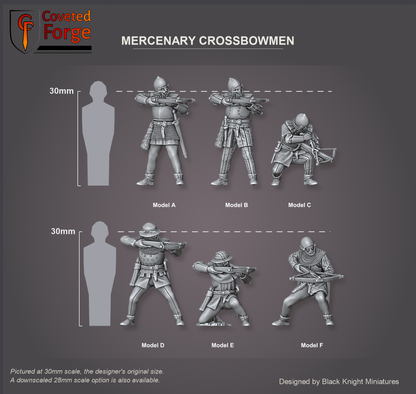 Coveted Forge scale reference: the Complete Set shown with every model, Model A to F, of the Early 15th Century Mercenary Crossbowmen, front three-quarter view, beside a 30mm human silhouette, pictured at 30mm, the designer's original size, with a downscaled 28mm option also available; the pavise shield is printed separately and not shown