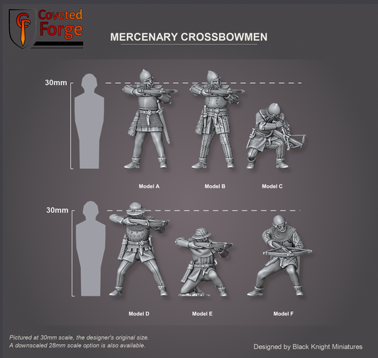 Coveted Forge scale reference: the Complete Set shown with every model, Model A to F, of the Early 15th Century Mercenary Crossbowmen, front three-quarter view, beside a 30mm human silhouette, pictured at 30mm, the designer's original size, with a downscaled 28mm option also available; the pavise shield is printed separately and not shown