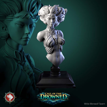 Mermaid Bust, front view of the female merfolk display bust on its stepped stand, by White Werewolf Tavern