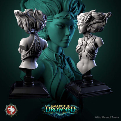 Mermaid Bust, rear and side views showing the swept hair and scaled back of the bodice