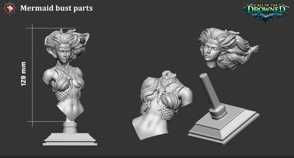 Mermaid Bust parts: bust body, head and the stand, 129 mm tall assembled