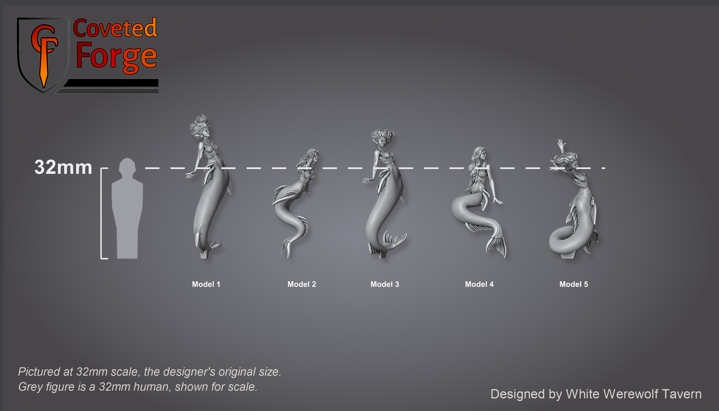 Scale reference: Mermaids at 32mm scale beside a 32mm human silhouette