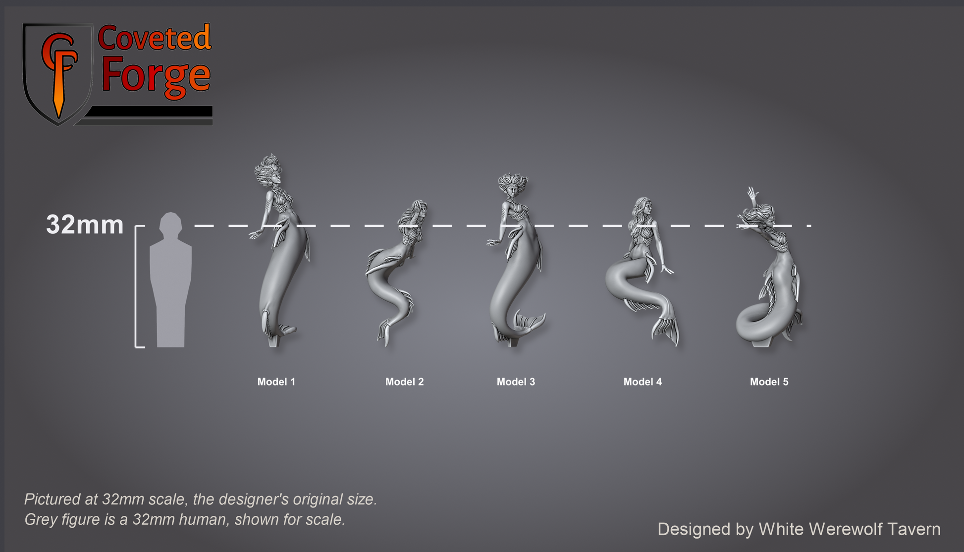 Scale reference: Mermaids at 32mm scale beside a 32mm human silhouette