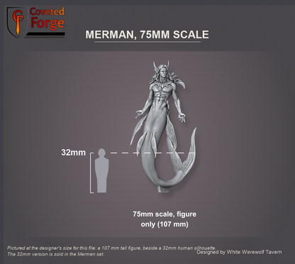 Coveted Forge scale reference: Merman 75mm scale figure, 107 mm tall, beside a 32mm human silhouette