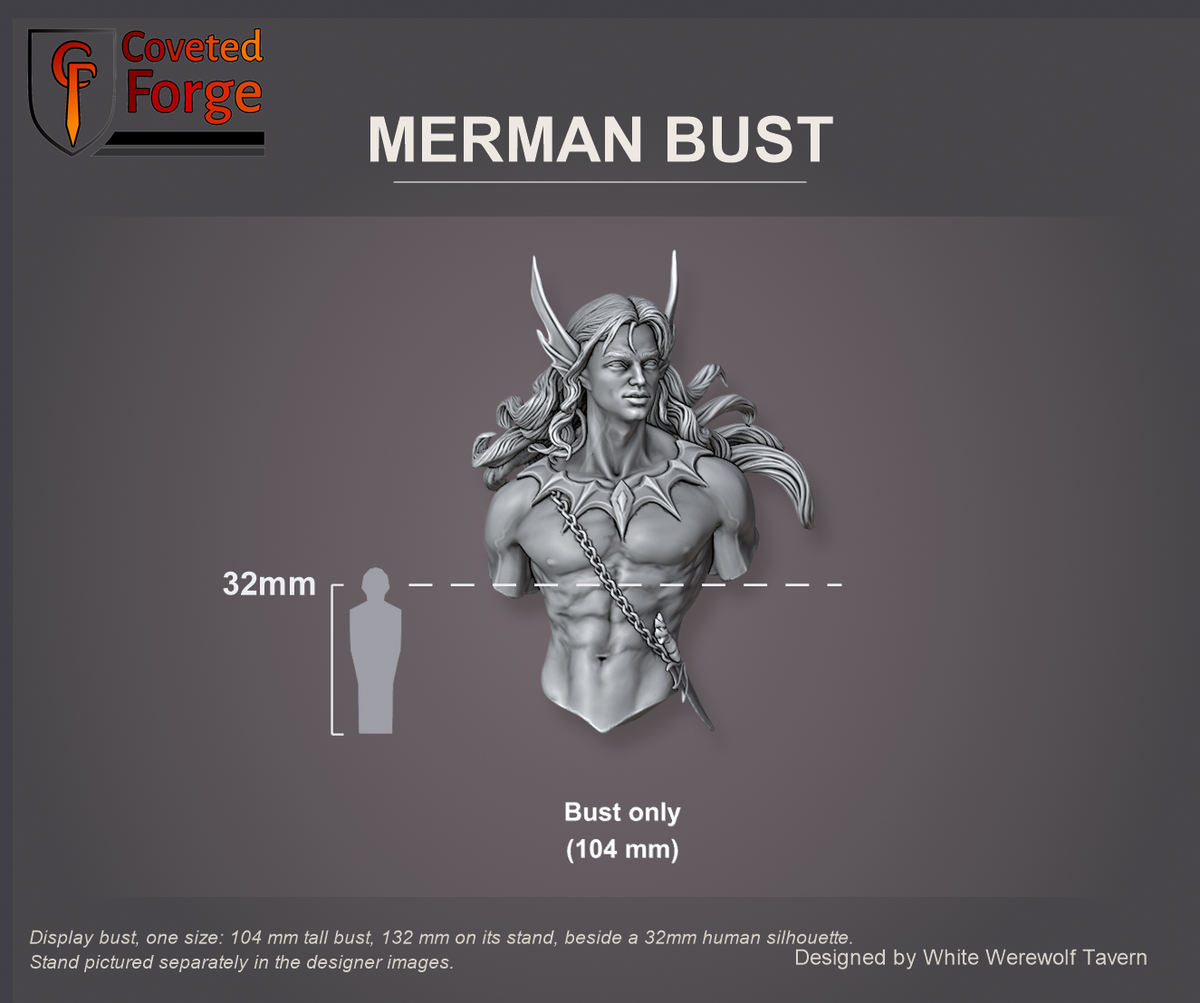 Coveted Forge scale reference: Merman Bust, 104 mm tall bust, beside a 32mm human silhouette
