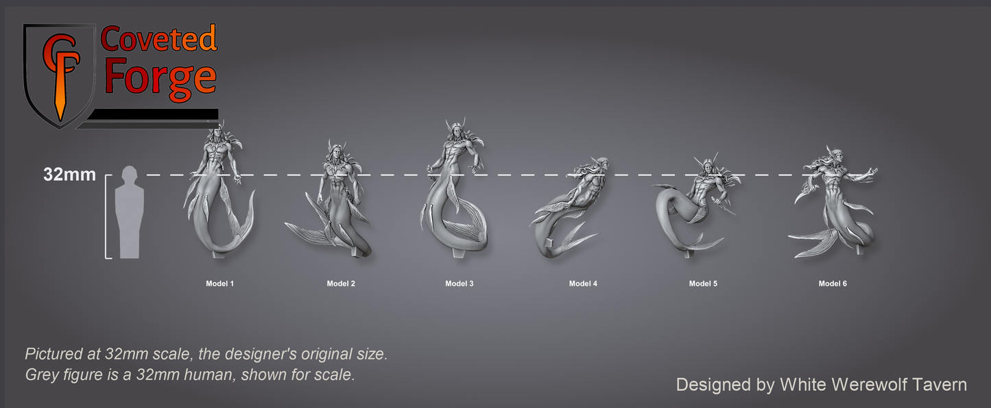 Scale reference: Mermen at 32mm scale beside a 32mm human silhouette