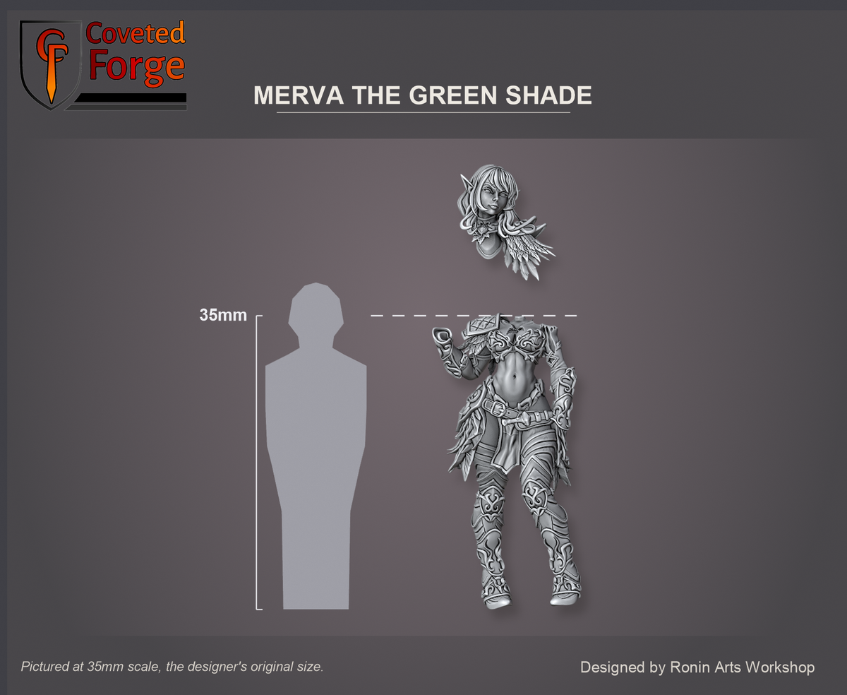 Coveted Forge scale reference: Merva the Green Shade's body at 35mm scale, front view, with her separate bare head floated just above it, beside a 35mm human silhouette; also offered at 54mm
