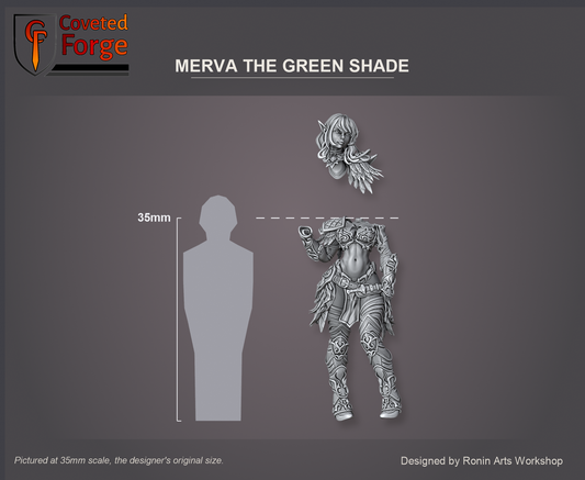 Coveted Forge scale reference: Merva the Green Shade's body at 35mm scale, front view, with her separate bare head floated just above it, beside a 35mm human silhouette; also offered at 54mm