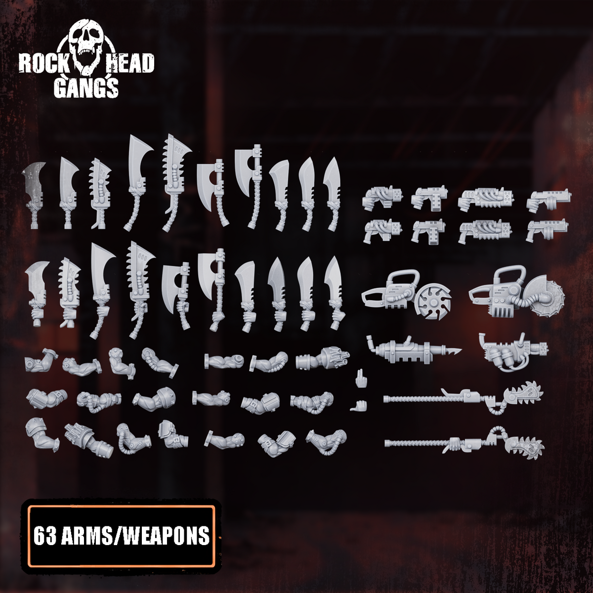 The Meathook Mob Build Kit: the interchangeable weapon parts, designer render.