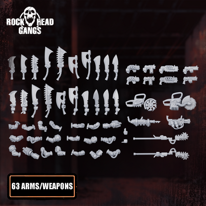The Meathook Mob Build Kit: the interchangeable weapon parts, designer render.