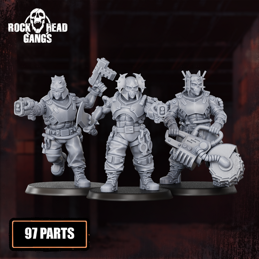 Render of The Meathook Mob Bits | 32mm Zealot Conversion Kit: assembled sci-fi zealot fighters built from the modular resin kit.