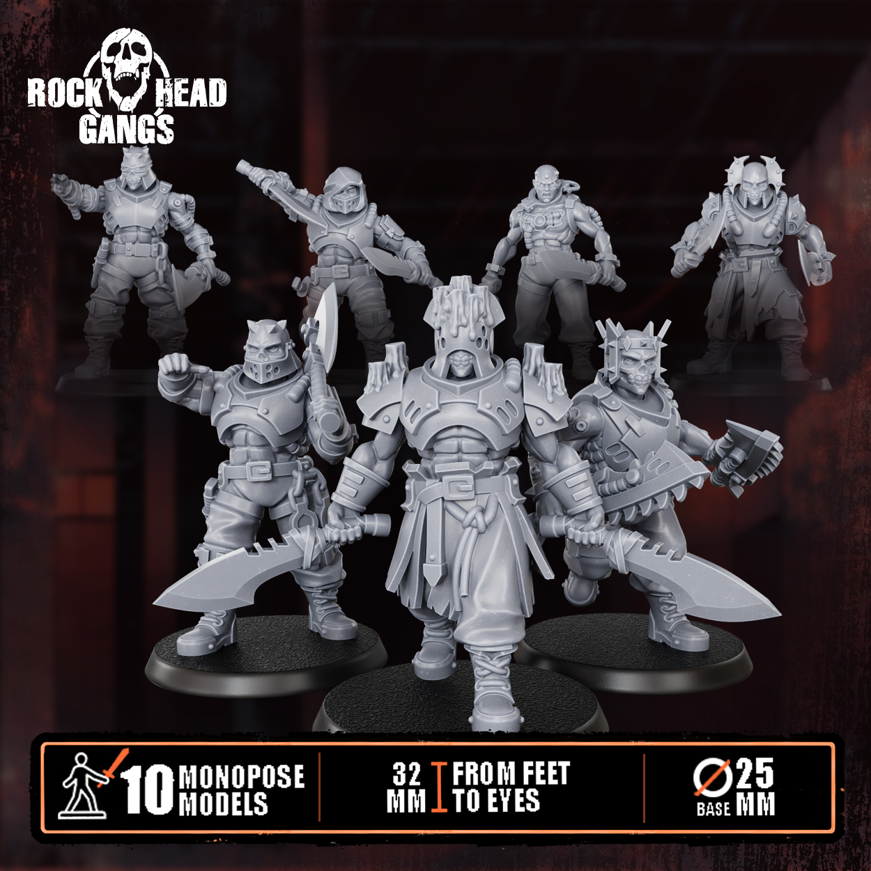Render of The Meathook Mob | 32mm Zealot Gang Sci-Fi Proxy: A gang of 10 sci-fi masked executioners with cleavers, axes, and autopistols. 3D printed resin, used as a Redemptionist or zealot gang proxy.