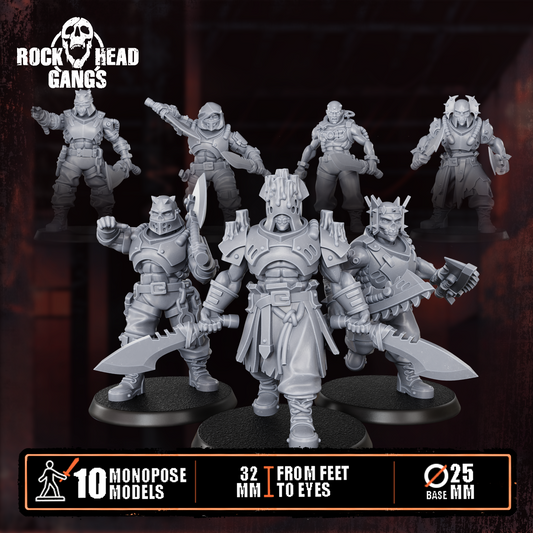 Render of The Meathook Mob | 32mm Zealot Gang Sci-Fi Proxy: A gang of 10 sci-fi masked executioners with cleavers, axes, and autopistols. 3D printed resin, used as a Redemptionist or zealot gang proxy.