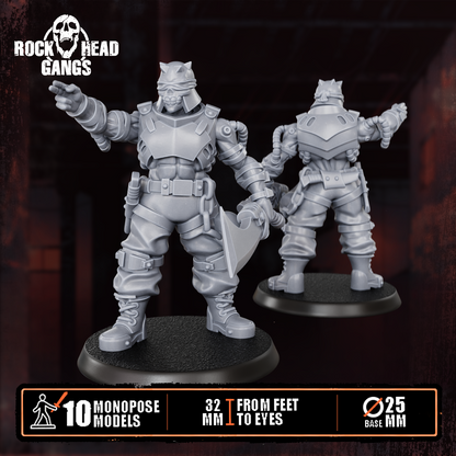 Render of The Meathook Mob | 32mm Zealot Gang Sci-Fi Proxy: A gang of 10 sci-fi masked executioners with cleavers, axes, and autopistols. 3D printed resin, used as a Redemptionist or zealot gang proxy.