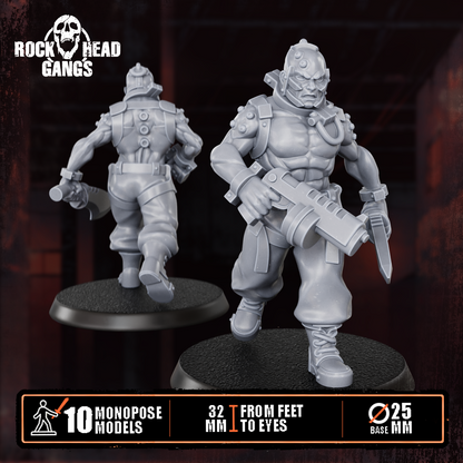 Render of The Meathook Mob | 32mm Zealot Gang Sci-Fi Proxy: A gang of 10 sci-fi masked executioners with cleavers, axes, and autopistols. 3D printed resin, used as a Redemptionist or zealot gang proxy.