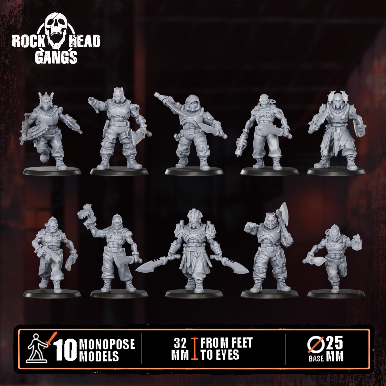 Render of The Meathook Mob | 32mm Zealot Gang Sci-Fi Proxy: A gang of 10 sci-fi masked executioners with cleavers, axes, and autopistols. 3D printed resin, used as a Redemptionist or zealot gang proxy.