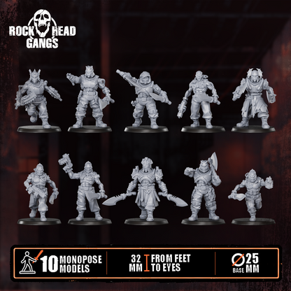 Render of The Meathook Mob | 32mm Zealot Gang Sci-Fi Proxy: A gang of 10 sci-fi masked executioners with cleavers, axes, and autopistols. 3D printed resin, used as a Redemptionist or zealot gang proxy.