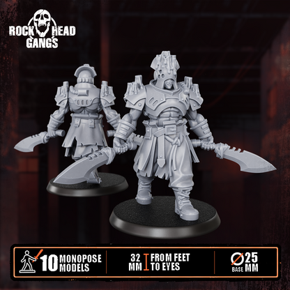Render of The Meathook Mob | 32mm Zealot Gang Sci-Fi Proxy: A gang of 10 sci-fi masked executioners with cleavers, axes, and autopistols. 3D printed resin, used as a Redemptionist or zealot gang proxy.