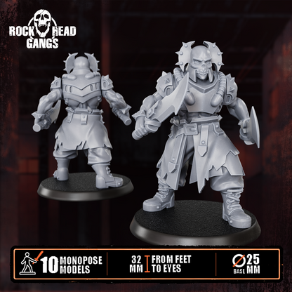 Render of The Meathook Mob | 32mm Zealot Gang Sci-Fi Proxy: A gang of 10 sci-fi masked executioners with cleavers, axes, and autopistols. 3D printed resin, used as a Redemptionist or zealot gang proxy.